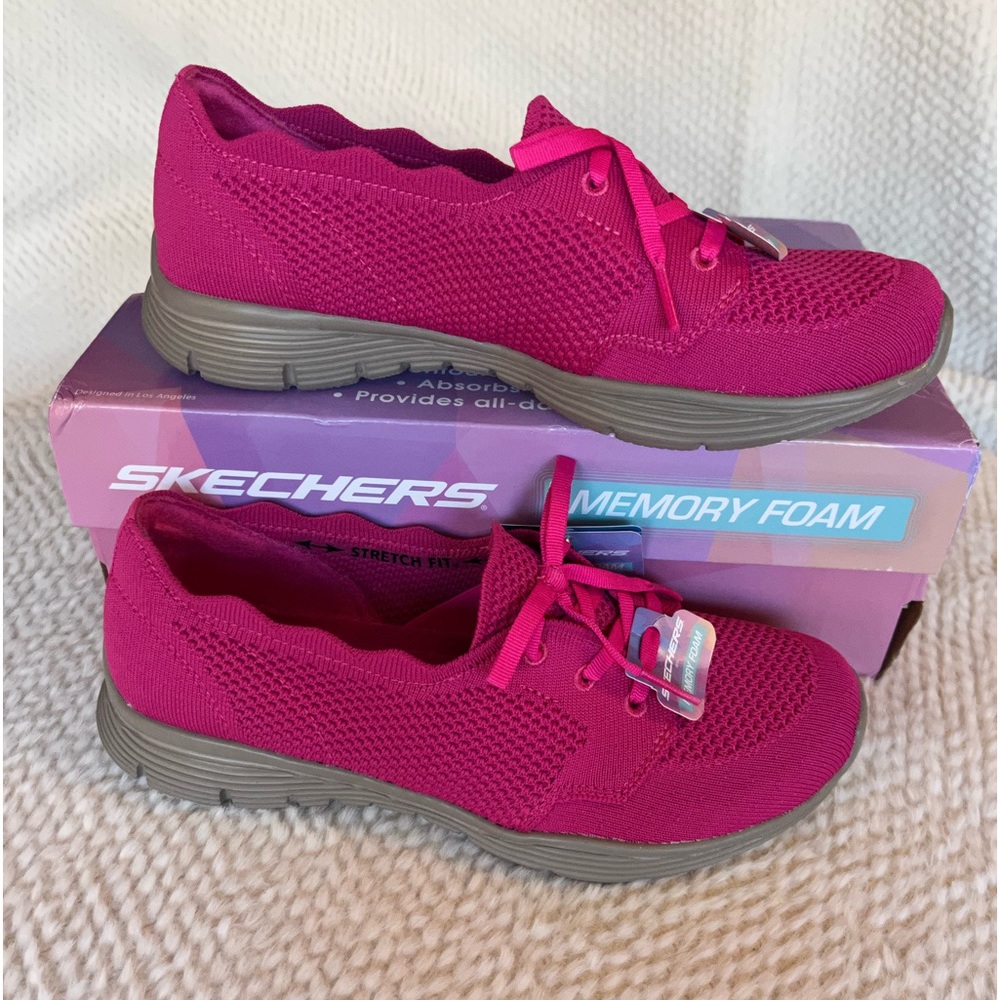 Skechers Womens Seager Sneaker Shoes Pink Knit Scallop Lace up
